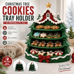 May include: A 3D printable STL file for a Christmas tree-shaped cookie tray holder. The green tiered stand features a red roof with white snow accents, a gold star topper, and a red bow at the base. It displays various cookies on four levels.