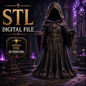 May include: A digital 3D model file of a hooded figure in a dark robe with purple accents, gold trim, and a belt with hanging chains. The text reads STL DIGITAL FILE FOR 3D PRINTING. The figure holds a small, ornate, circular pendant in one hand.