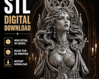 Dark Moon Goddess STL & 3MF Files | Gothic Goddess Bust | Dark Fantasy Decor | Tabletop Display Statue | 3D Printable Model