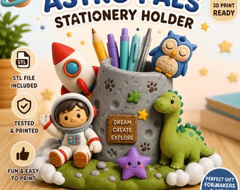 Astro Pals Desk Organizer STL & 3MF Files 3D Print Digital Download | Space Pencil Holder Printable | Astronaut Kids Room Decor | Pen Holder
