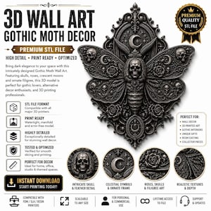 Può includere: Un file digitale di arte murale 3D raffigurante una falena gotica con teschi, rose e lune crescenti. L'immagine include il testo: 3D WALL ART GOTHIC MOTH DECOR, PREMIUM STL FILE, HIGH DETAIL, PRINT READY, OPTIMIZED, e INSTANT DOWNLOAD.