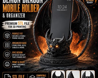 Dragon Phone Holder STL & 3MF Files 3D Print Digital Download | Demon Dragon Desk Organizer Printable | Gothic Phone Stand 3D Printable