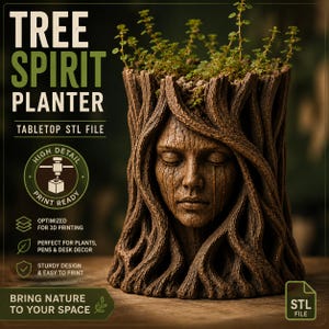 File STL per fioriera "Spirito dell'Albero" / Fioriera "Dea della Foresta" stampabile in 3D / Vaso per piante grasse, download digitale / Portapenne decorativo da scrivania in stile cottagecore