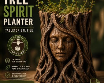 Tree Spirit Planter STL & 3MF Files | Face Planter | Tree Goddess Flower Pot | Fantasy Planter | Succulent Pot | 3D Print Download