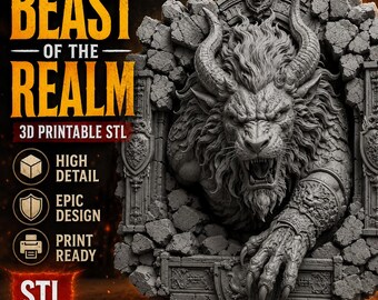 Lion Wall Sculpture STL & 3MF Files | Fantasy Beast Relief | Gothic Wall Decor | 3D Printable Art | Instant Download
