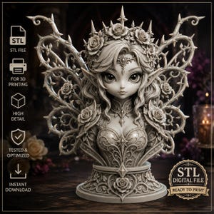 May include: A 3D printable STL file of a fairy bust featuring intricate rose and thorn motifs. The figure has large eyes, pointed ears, and a crown of roses. Text on the image includes STL FILE, FOR 3D PRINTING, HIGH DETAIL, TESTED & OPTIMIZED, INSTANT DOWNLOAD, and STL DIGITAL FILE READY TO PRINT.