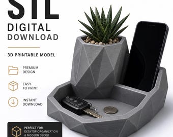 Geometric Desk Organizer STL & 3MF Files | 3D Print Phone Stand Key Tray Succulent Planter | Minimalist Home Office Decor Digital Download