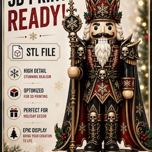 May include: A 3D print ready STL file of a nutcracker king wearing a black and red crown, cape, and armor adorned with skulls, snowflakes, and holly berries. The figure holds a staff topped with a snowflake and stands on a decorative base.