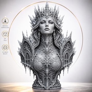 May include: A grayscale 3D digital sculpture of a regal figure wearing an intricate crown and ornate gothic-style armor with cathedral window motifs. The design includes text icons for digital download, STL file, and 3D print ready status.