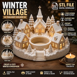 May include: A digital STL file for a 3D printable winter village tealight holder. The design features a central circular platform for a candle, surrounded by miniature houses and a church with snow-covered roofs, pine trees, and stone-textured walls.