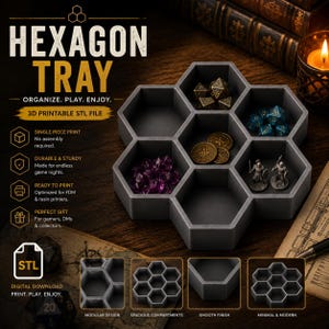 Hexagon Dice Tray STL & 3MF, DnD Dice Organizer Tray Printable, Tabletop Gaming Gift, 3D Hex Dice Storage Tray, Instant Printable Files