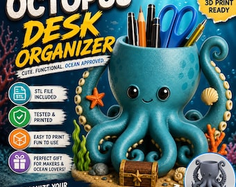 Octopus Desk Organizer STL & 3MF Files | Pencil Holder 3D Print | Ocean Desk Decor | Pen Cup STL | Digital