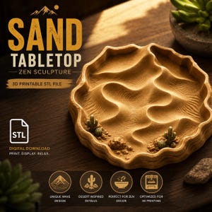 Zandsculptuur STL- en 3MF-bestanden, Zen-dienblad met woestijnthema, Boho-bureaudecoratie, direct printbaar