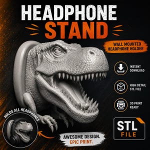 恐竜ヘッドホンスタンドSTL＆3MFファイル、壁掛けホルダー、ゲーミングデスク装飾、コントローラーホルダー、ゲーマーギフト、即時印刷可能ファイル