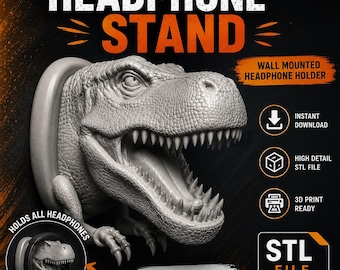 Dinosaur Headphone Stand STL | Wall Mount Holder 3D Print File | Gaming Desk Decor | Controller Holder | Gamer Gift Instant Download 3MF