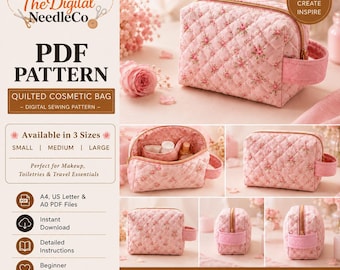 Quilted Cosmetic Bag Sewing Pattern PDF | Makeup Pouch Pattern | Toiletry Bag PDF | Small Medium Large Sizes | Instant Download