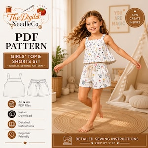 May include: A digital PDF sewing pattern for a top and shorts set by The Digital NeedleCo. The pattern includes A0 and A4 files, detailed instructions, and is beginner friendly. The design features a floral print top and matching shorts.