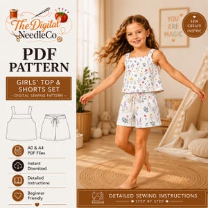 Girls Summer Shorts Set Sewing Pattern PDF, Sleeveless Top & Elastic Waist Shorts, Kids Sizes 2-16, Digital Download