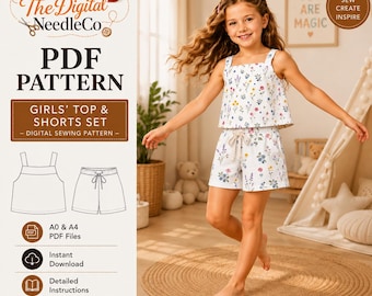 Girls Summer Shorts Set Sewing Pattern PDF, Sleeveless Top & Elastic Waist Shorts, Kids Sizes 2-16, Digital Download