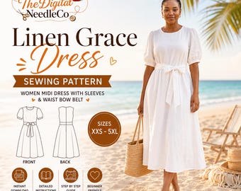 Women Midi Dress Pattern with Sleeves, Linen Dress Sewing Pattern PDF, Digital Download, A Line Summer Dress Pattern with Waist Bow Belt