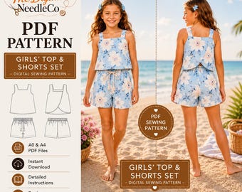 Milla Kids Top and Shorts Sewing Pattern PDF, Toddler Girl Summer Set, Sewing Pattern, Square Neck Top Overlap Back Shorts set