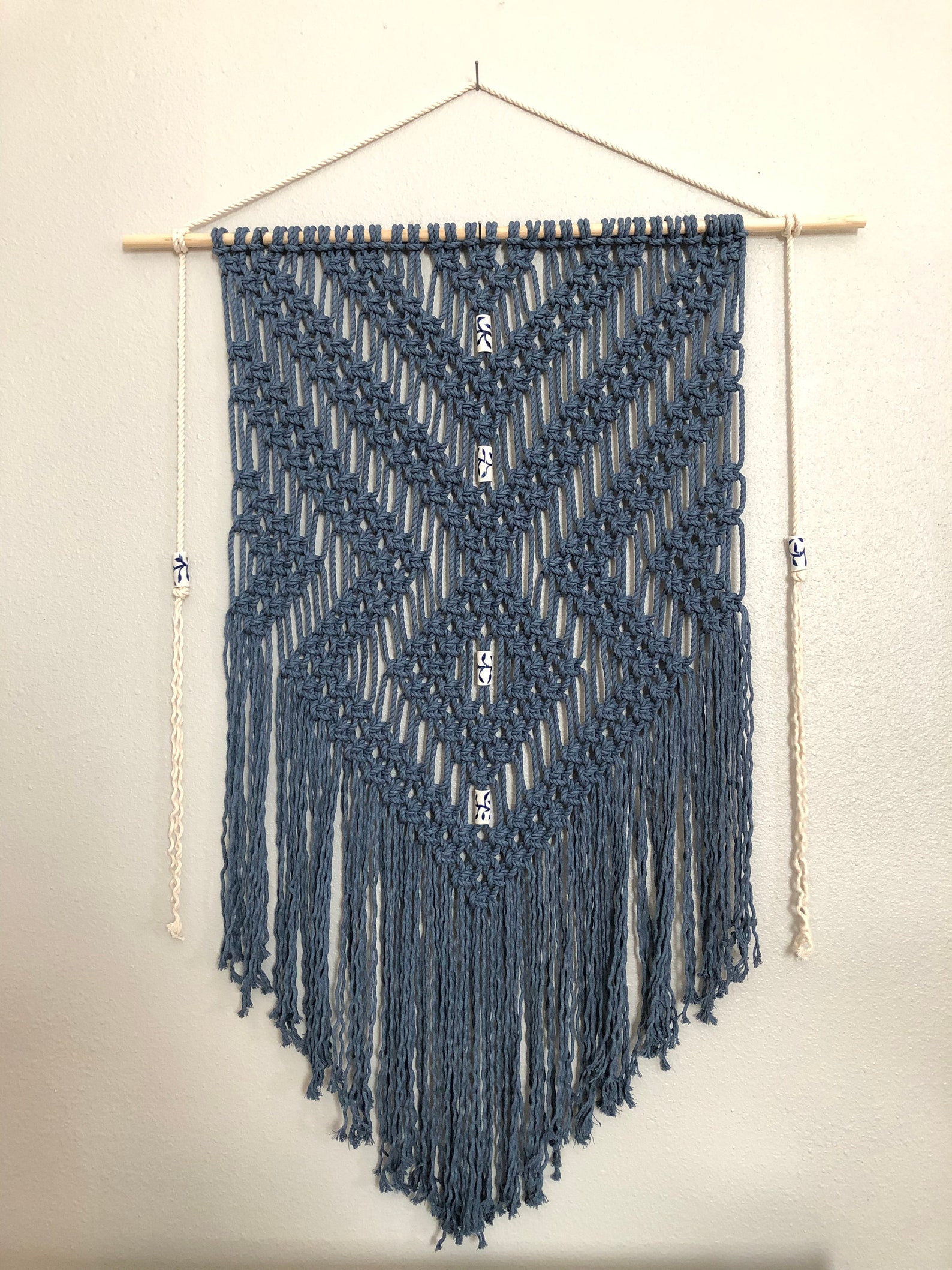 Large Blue Macrame Wall Hanging with Handmade Ceramic Beads by Etsy