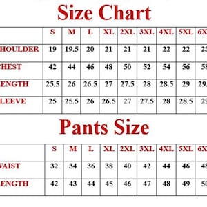 May include: A size chart table with red text headers and black grid lines. The top section lists measurements for shoulder, chest, length, and sleeve for sizes S through 6XL. The bottom section lists waist and length measurements for pants sizes S through 6XL.