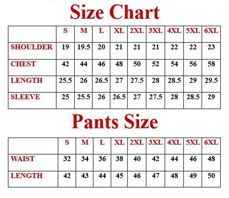 May include: A size chart table with red text headers and black grid lines. The top section lists measurements for shoulder, chest, length, and sleeve for sizes S through 6XL. The bottom section lists waist and length measurements for pants sizes S through 6XL.
