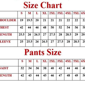 May include: A size chart table with red text headers and black grid lines. The top section lists measurements for shoulder, chest, length, and sleeve for sizes S through 6XL. The bottom section lists waist and length measurements for pants sizes S through 6XL.