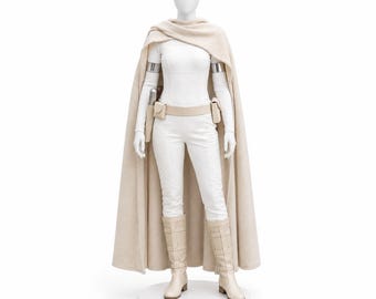 Può includere: Un costume a figura intera su manichino composto da un lungo mantello beige, una maglia bianca a maniche lunghe, pantaloni bianchi e stivali coordinati al ginocchio. L'outfit include una cintura utilitaria beige, bracciali argentati e una fondina.