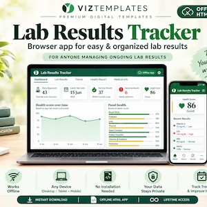 Puede incluir: Una aplicación digital Lab Results Tracker mostrada en una pantalla de portátil y smartphone. La interfaz presenta un panel con puntuaciones de salud, tendencias de resultados y métricas de salud. Texto: Lab Results Tracker.