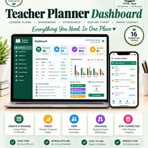Interactive Teacher Planner App, Gradebook, Attendance, Lesson Plans (HTML Download)