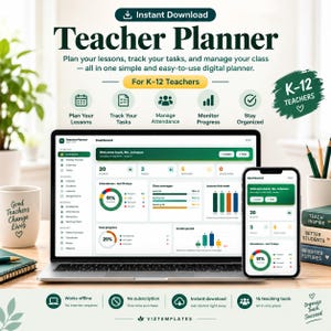 Op de afbeelding: Een digitale lerarenplanner weergegeven op een laptop- en smartphonescherm, met een dashboard met aanwezigheidsgrafieken, klasgemiddelden en taakvoortgang, inclusief iconen voor lesplanning, taakbeheer en aanwezigheidsregistratie.