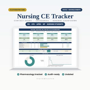 Könnte beinhalten: Ein digitales Nursing CE Tracker Dashboard auf einem Laptop-Bildschirm mit automatisierten Tabs für Excel und Google Sheets. Die Benutzeroberfläche enthält Bereiche für Kontaktstunden, Kategorien, Erneuerungs-Countdowns und visuelle Analysen.