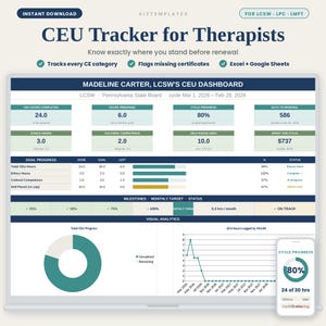CEU Tracker for Therapists, Continuing Education Log, License Renewal Spreadsheet, LCSW LPC Counselor Credits, Google Sheets & Excel