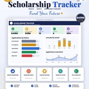 Scholarship Tracker Spreadsheet, College Funding Planner, Application Organizer, Student Aid Dashboard, Google Sheets
