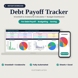 Puede incluir: Un rastreador digital de pago de deudas y panel de presupuesto que se muestra en la pantalla de una computadora portátil y un teléfono inteligente. La interfaz presenta datos financieros, gráficos de ingresos, gastos y presupuestos.