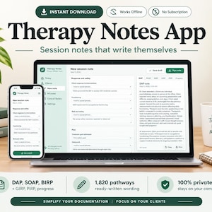 Op de afbeelding: Een laptop en smartphone met de interface van de Therapy Notes App en de tekst "Therapy Notes App" en "Session notes that write themselves." Het scherm toont sjablonen voor sessienotities, DAP-notities en diverse documentatiefuncties.