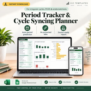 Könnte beinhalten: Eine digitale Vorlage für einen Perioden-Tracker und Zyklus-Planer, angezeigt auf einem Laptop-Bildschirm und einem Smartphone. Die Benutzeroberfläche enthält Diagramme zu Zykluslänge, Energie und Schmerzen sowie den Text Period Tracker & Cycle Syncing Planner.