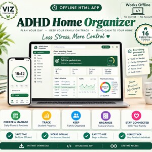 Könnte beinhalten: Ein digitales ADHD Home Organizer Dashboard auf einem Laptop und Smartphone. Die Benutzeroberfläche zeigt Aufgabenlisten, Zeitpläne, Gewohnheits-Tracker und Finanzdiagramme. Text beinhaltet "ADHD Home Organizer", "Less Stress, More Control" und "16 Essential Tools".