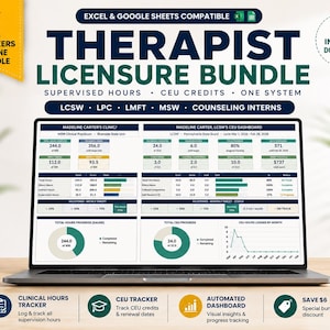 Puede incluir: Un paquete digital de licencias para terapeutas en una pantalla de computadora, compatible con Excel y Google Sheets. El panel incluye medidores de progreso, gráficos y tablas para profesionales LCSW, LPC, LMFT y MSW para monitorear horas supervisadas, créditos de educación continua y objetivos clínicos.