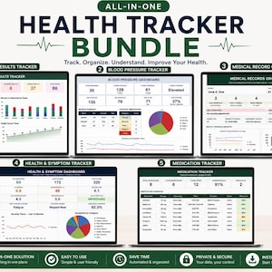 Paquete de seguimiento de salud, 5 hojas de cálculo médicas para Excel y Google Sheets, resultados de laboratorio, medicamentos, presión arterial, síntomas, historial clínico.