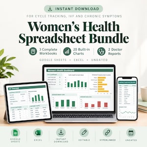 以下が含まれることがあります： 周期トラッキング、IVF、慢性症状管理用のデジタルスプレッドシートバンドル。3つのワークブック、20のチャート、2つの医師用レポートが含まれています。タブレット、ノートパソコン、スマートフォンにIVFや症状トラッキングのダッシュボードが表示されています。