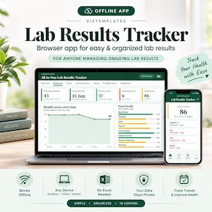 May include: A digital Lab Results Tracker app displayed on a laptop screen and a smartphone. The interface shows health scores, test dates, and data trends. Text includes "Lab Results Tracker," "Works Offline," and "Any Device" for health management.