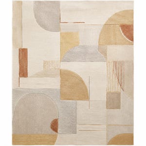 Peut inclure: Un tapis rectangulaire présentant un motif géométrique composé de formes superposées, notamment des demi-cercles, des rectangles et des lignes. La palette de couleurs comprend du crème, du beige, du gris doux et des accents terre cuite.