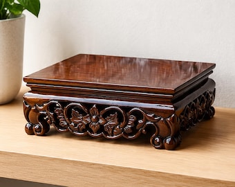Pedestal de madera tallado a mano para bonsáis y decoración del hogar.