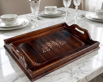 Floral Engraved Wooden Serving Tray