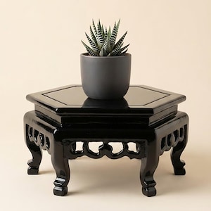 Hexagonal Bonsai Display Stand Glossy Black Teak Wood Plant Riser
