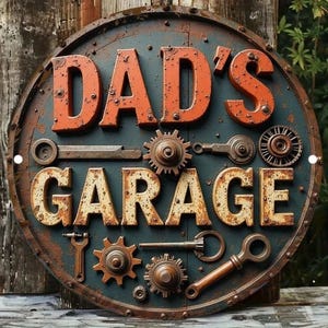 Könnte beinhalten: Ein rundes Metallschild mit dunkelblauer, verwitterter Oberfläche und dem Schriftzug DAD'S GARAGE in erhabenen, rostig-orangen und cremefarbenen Buchstaben. Das Schild ist mit verschiedenen mechanischen Zahnrad- und Schraubenschlüsselmotiven verziert.
