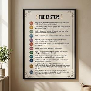 The 12 Steps Print, Recovery Wall Art Digital Download, AA NA Sobriety Poster, Printable Addiction Recovery Decor Gift